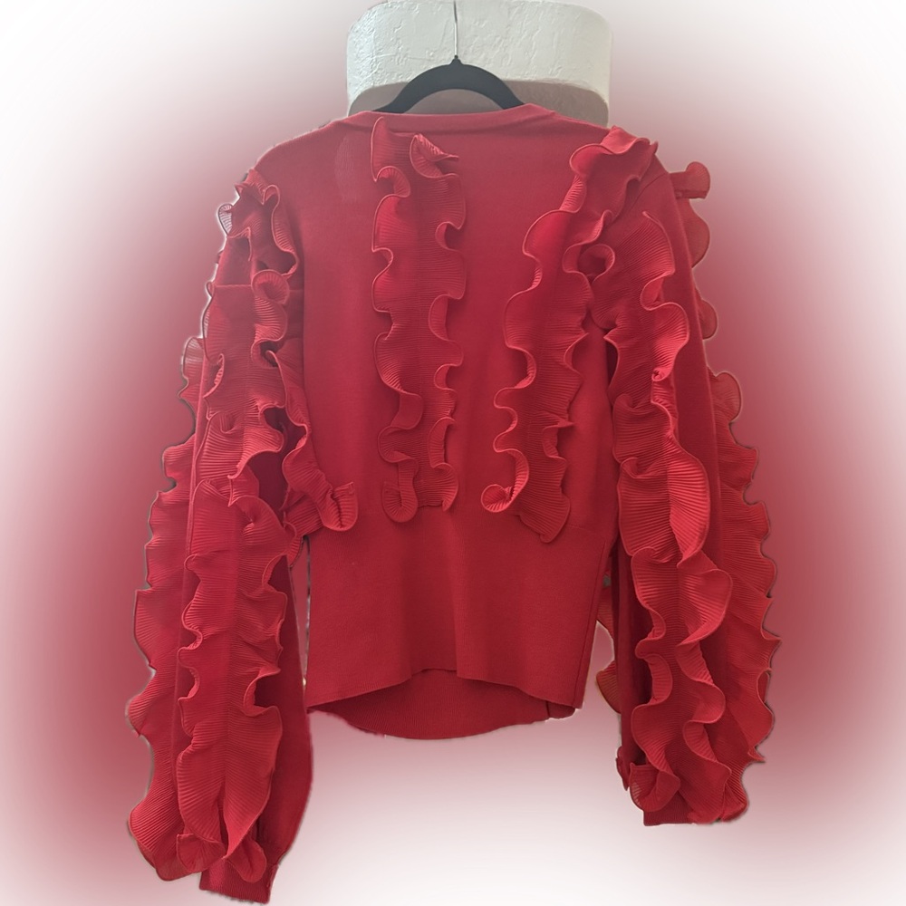 Anne Fontaine Celine Cardigan Elegant Red Ruffle Sweater, size 12 or 44 Parisian - Picture 5 of 6